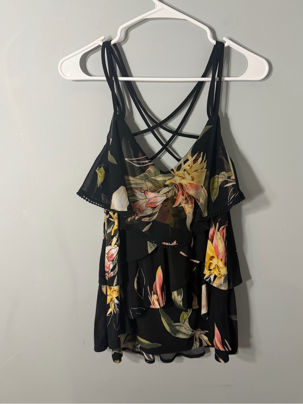 WHBM Floral Ruffle Layered Cami Top - Black Floral